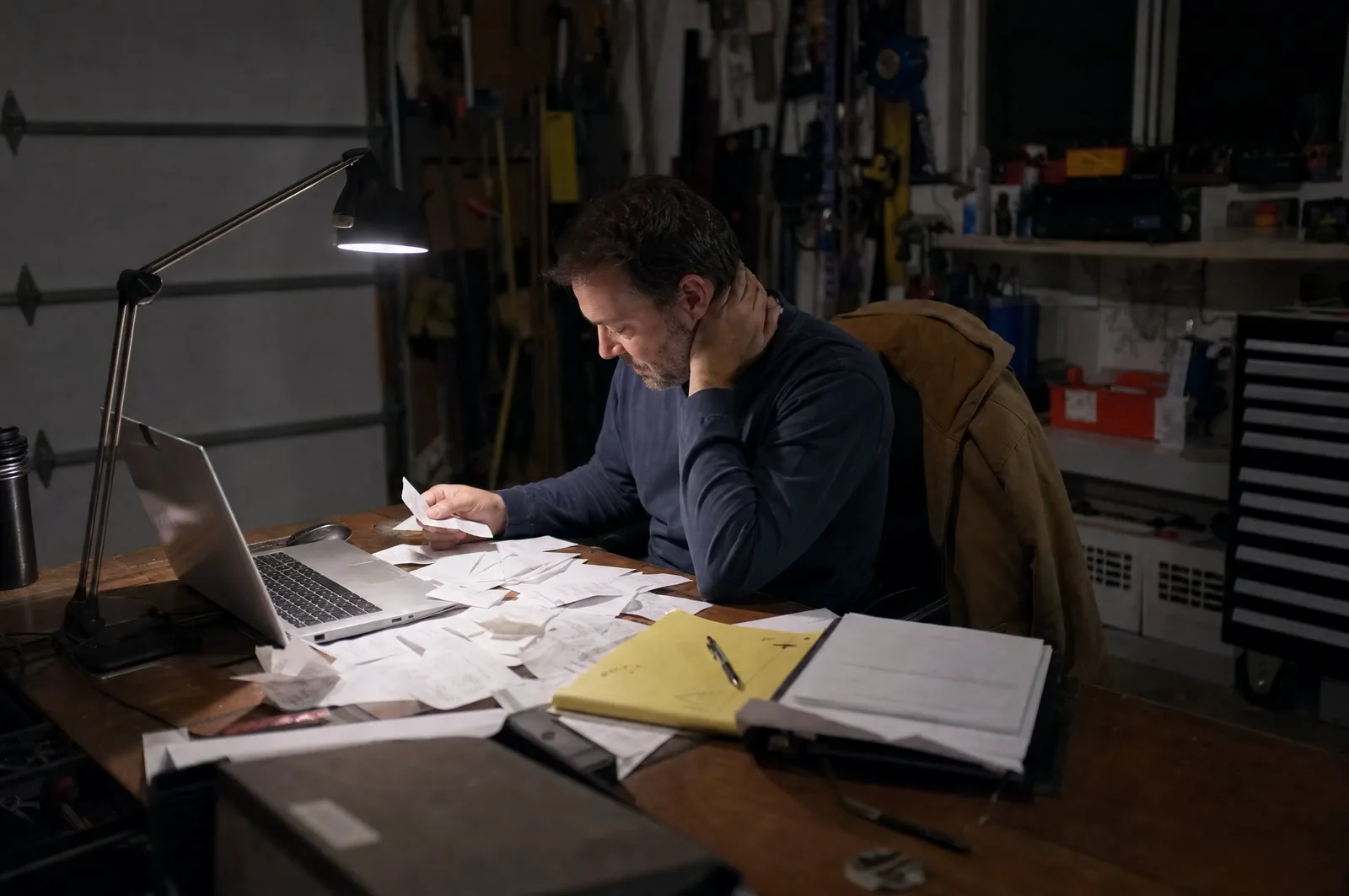 A contractor at a cluttered garage desk late at night, sorting receipts beside a laptop