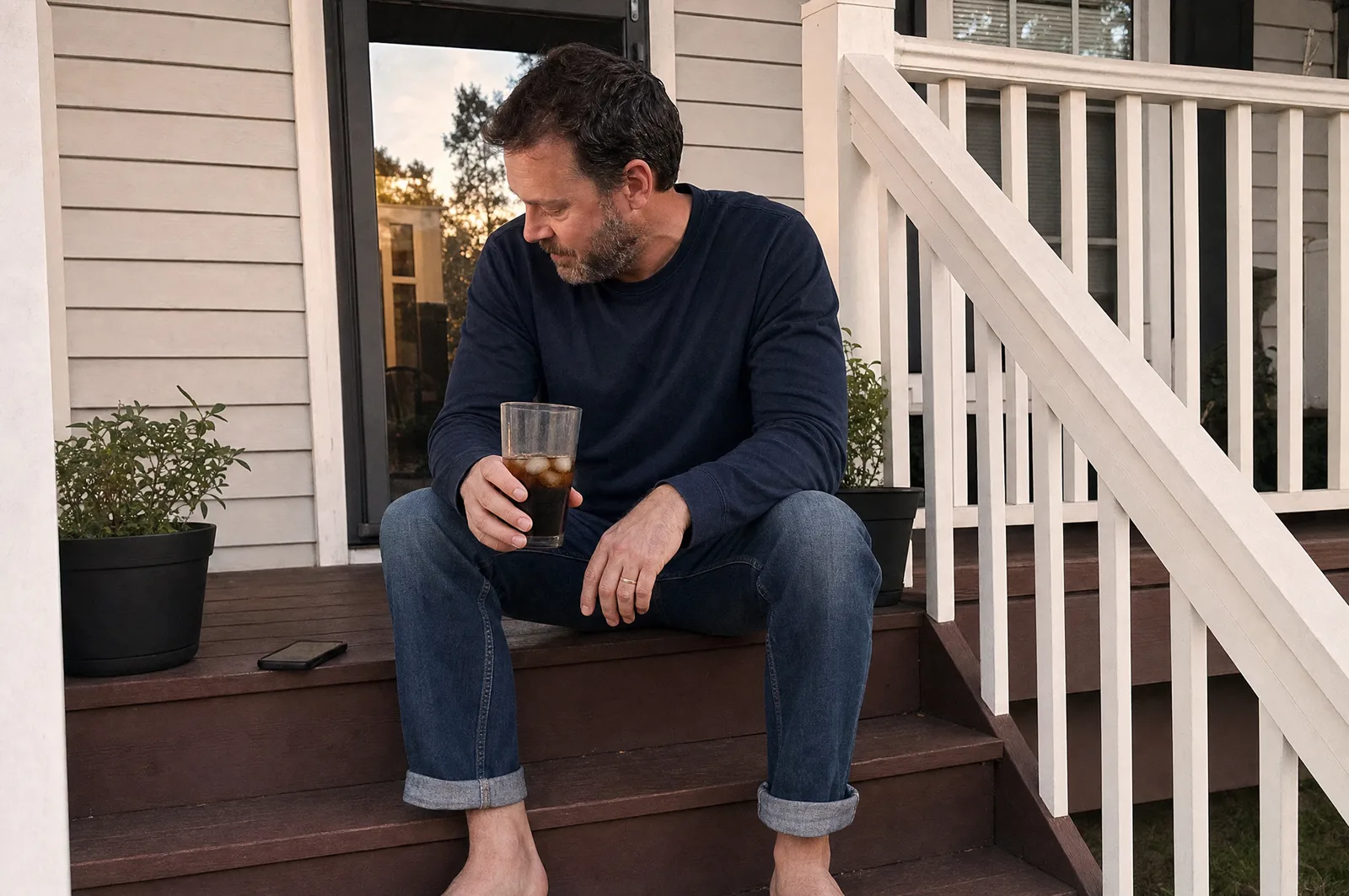 A contractor relaxed on his porch steps in the evening, phone face-down beside him