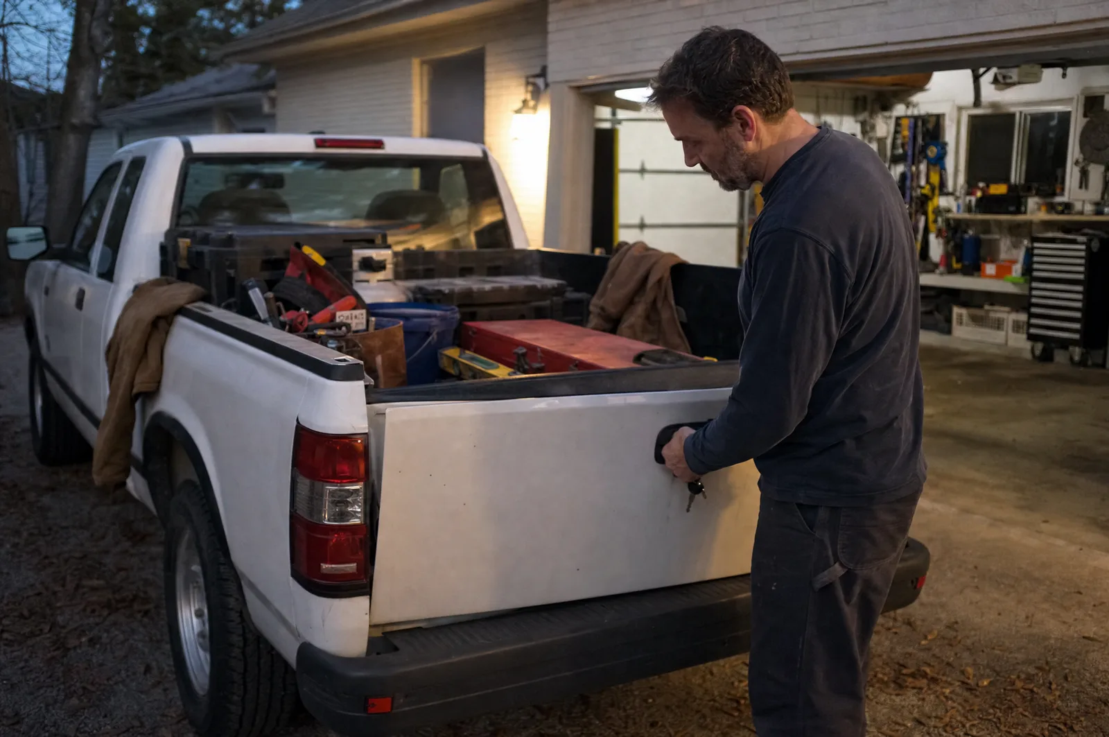 A contractor closing the tailgate of a loaded work truck in golden evening light