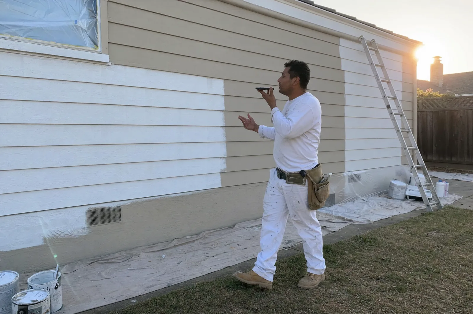 A painter walking a job site, recording a voice note into his phone