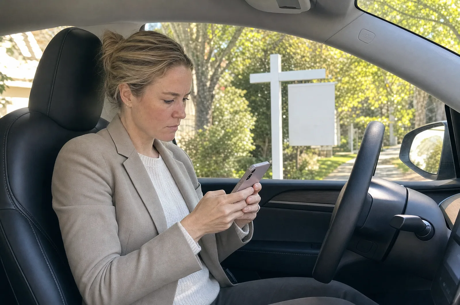 A realtor in her parked car between showings, sending a quick text