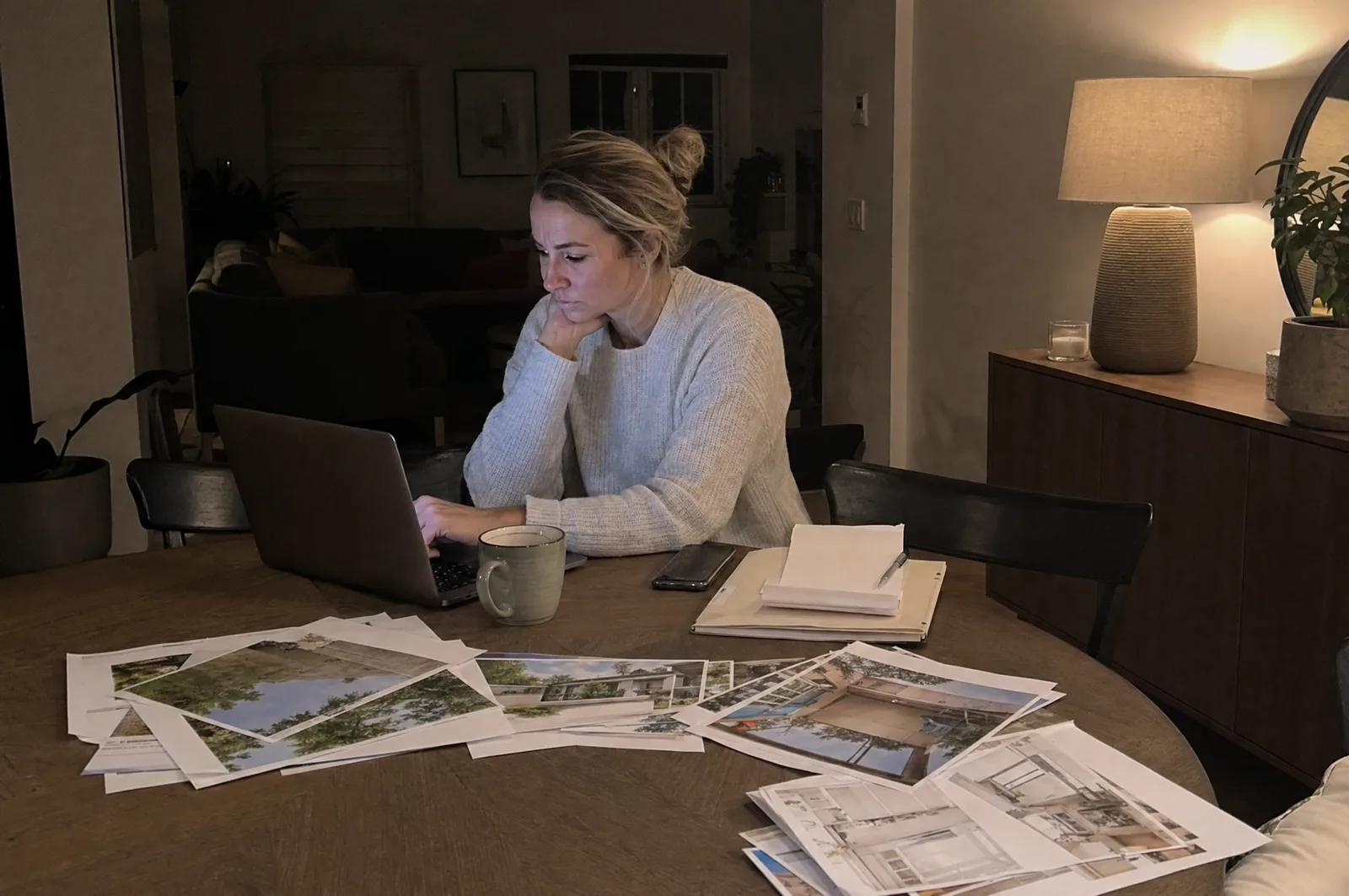 A realtor at her dining table late at night, typing follow-up emails beside listing sheets