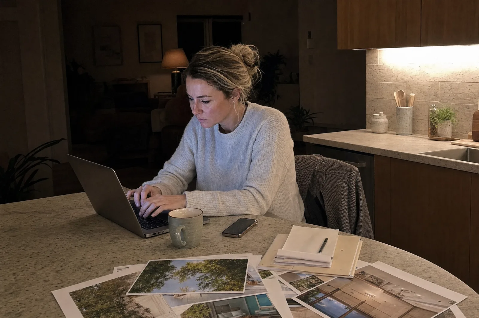 A realtor at her kitchen counter at night, writing follow-up emails beside listing sheets