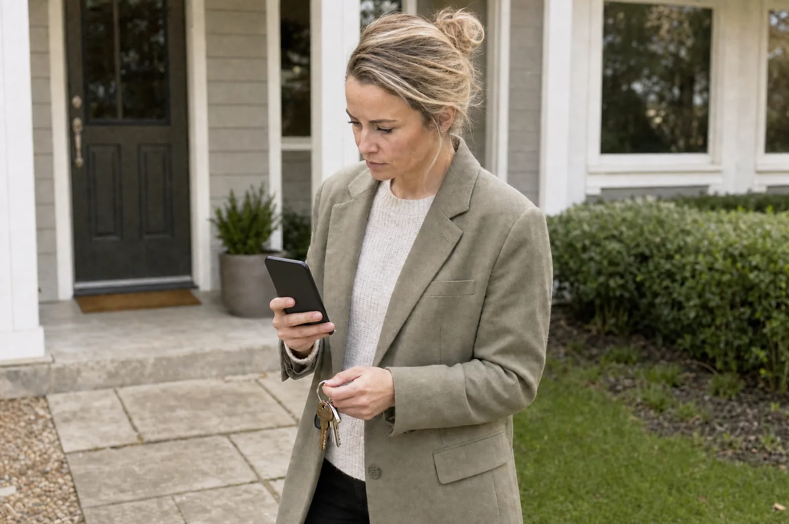 A realtor leaving a showing, glancing at her phone on the way to the street